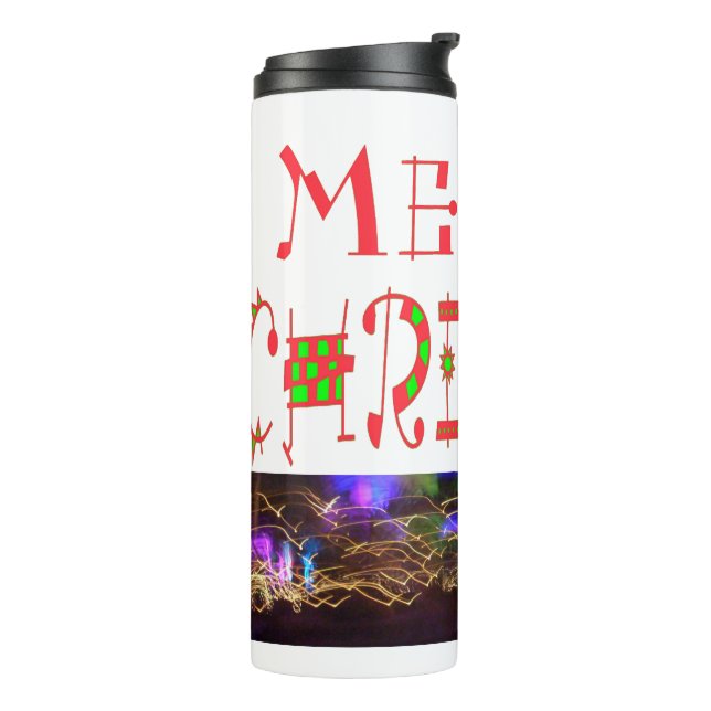 Merry Christmas Text Pattern Design: Festive  Art Thermal Tumbler (Rotated Left)