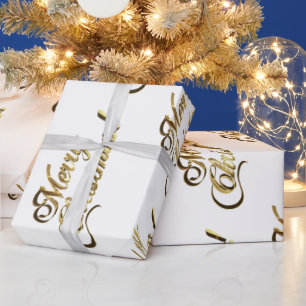 Merry Christmas Text Pattern Modern Gold and White Wrapping Paper