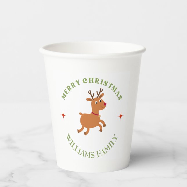 Merry Christmas text reindeer white Paper Cups (Front)