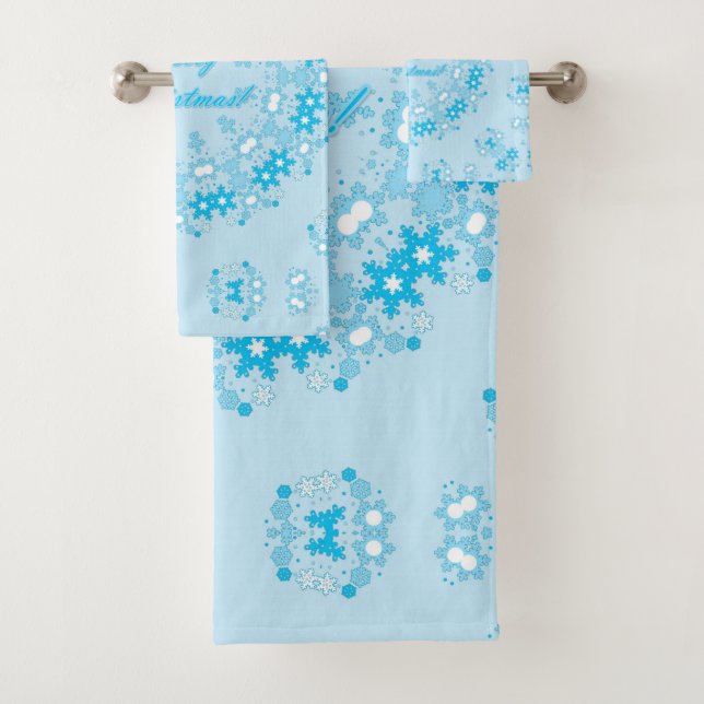 Merry Christmas text round frame snowflake blue wh Bath Towel Set (Insitu)