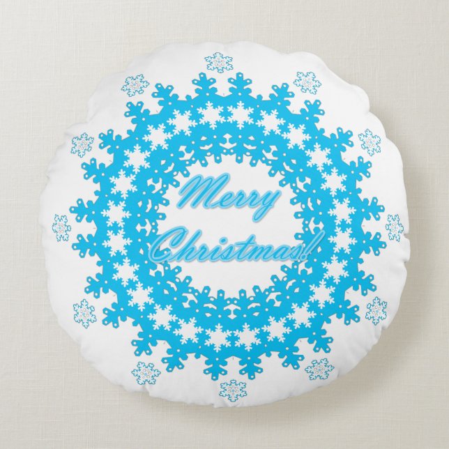 Merry Christmas text round frame snowflake blue wh Cushion (Front)