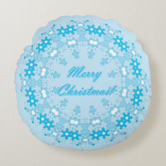 Merry Christmas text round frame snowflake blue wh Cushion (Front)