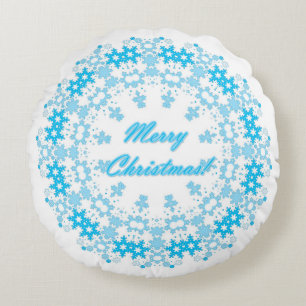 Merry Christmas text round frame snowflake blue wh Cushion