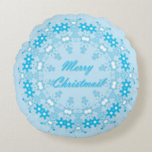 Merry Christmas text round frame snowflake blue wh Round Cushion