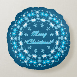 Merry Christmas text round frame snowflake blue wh Round Cushion