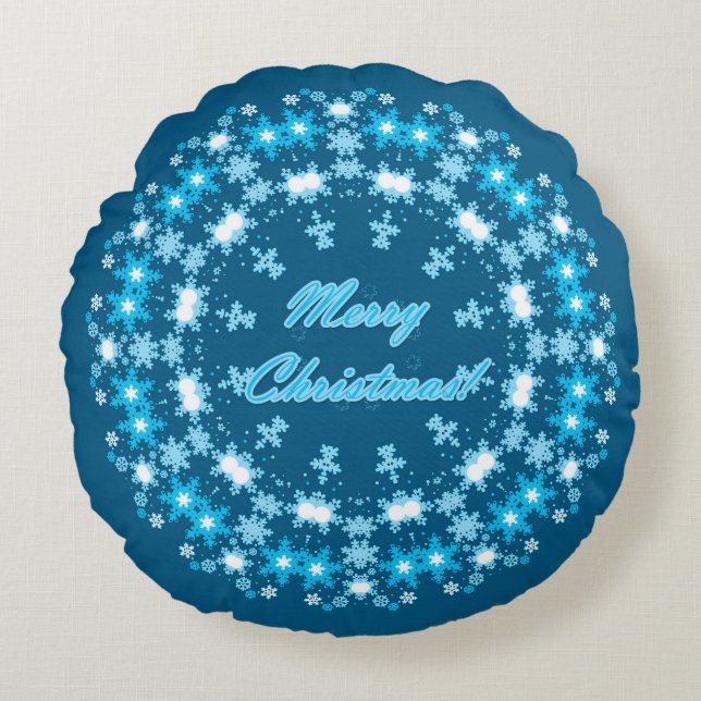 Merry Christmas text round frame snowflake blue wh Round Cushion (Front)