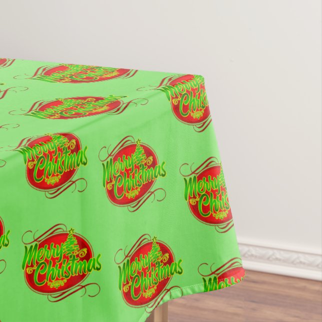 Merry Christmas Text Typography Red Green & Tree Tablecloth (In Situ)