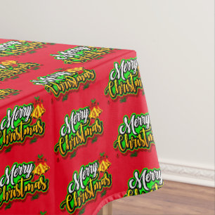 Merry Christmas Text Typography with Bells on Red Tablecloth