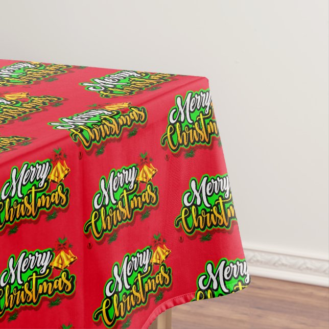 Merry Christmas Text Typography with Bells on Red Tablecloth (In Situ)