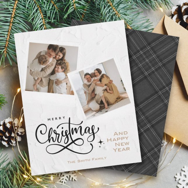 Merry Christmas Texture and Grey Plaid Photo Card (Creator Uploaded)