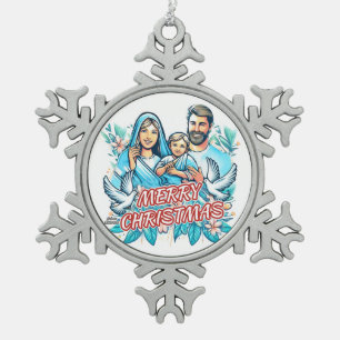 Merry Christmas - The Holy Family - Nativity Snowflake Pewter Christmas Ornament