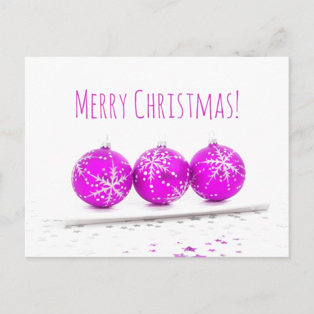 Merry Christmas Three Baubles Star Hot Pink White Holiday Postcard (Front)