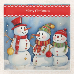Merry Christmas, Three Colourful Snowmen, Glass Coaster