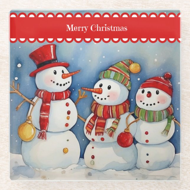 Merry Christmas, Three Colourful Snowmen, Glass Coaster (Front)