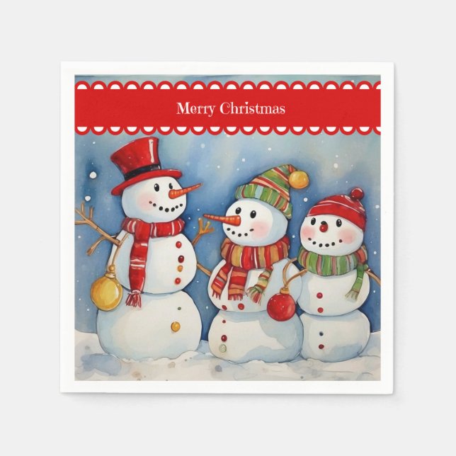 Merry Christmas, Three Colourful Snowmen, Napkin (Front)