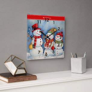 Merry Christmas, Three Colourful Snowmen, Square Wall Clock