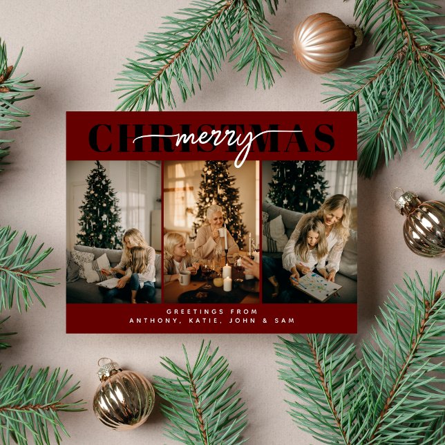 Merry Christmas Three Family Photo Typography Holiday Postcard (Creator Uploaded)