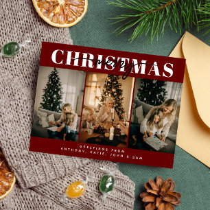 Merry Christmas Three Family Photo Typography Red Holiday Postcard