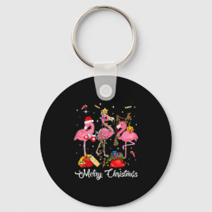 Merry Christmas Three Flamingo With Santa Hat Key Ring