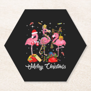 Merry Christmas Three Flamingo With Santa Hat Paper Coaster