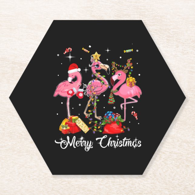 Merry Christmas Three Flamingo With Santa Hat Paper Coaster (Front)