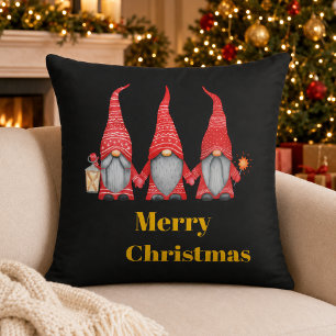 Merry Christmas Three Gnomes Black Throw Pillow