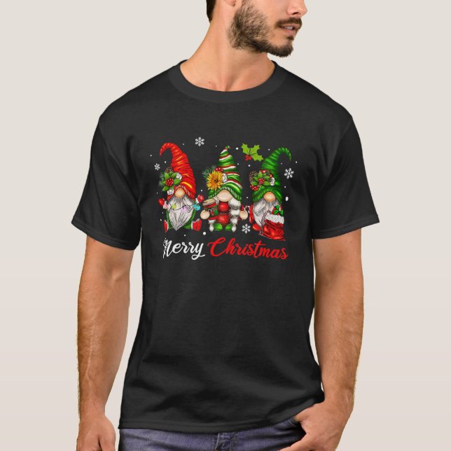 Merry Christmas Three Gnomes Funny Santa Hat Xmas T-Shirt (Front)
