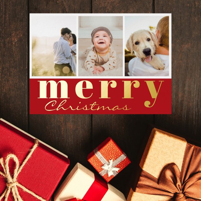 Merry Christmas Three Photo Collage Red White Foil Holiday Card (Creator Uploaded)