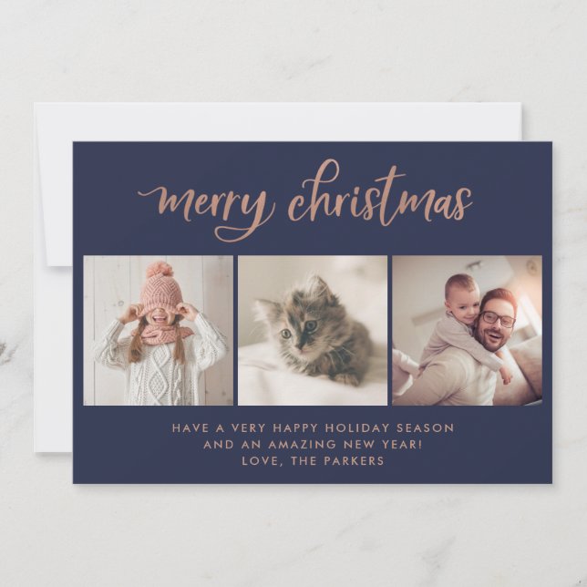 Merry Christmas | Three Photo Navy and Rose Gold Holiday Card (Front)