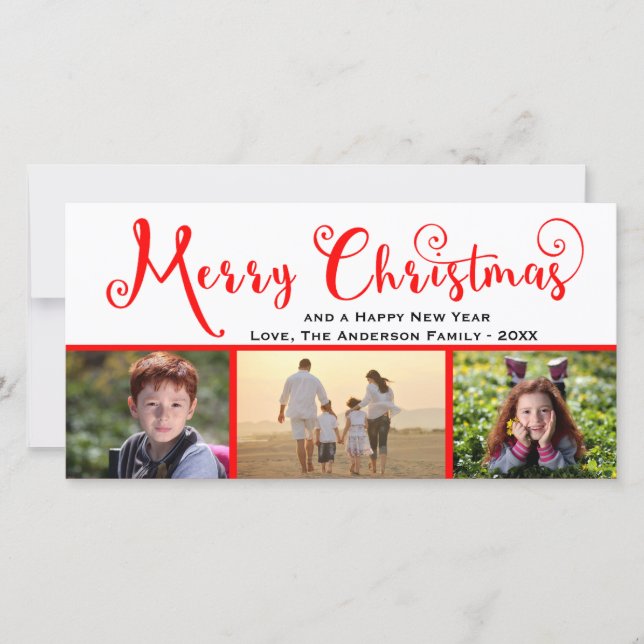 Merry Christmas Three Photo Script - Photo Card (Front)