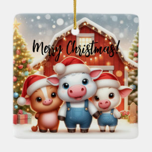 Merry Christmas Three Pigs Ceramic Ornament