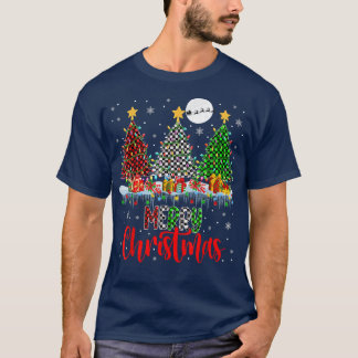 Merry Christmas Three Plaid Christmas Trees Lights T-Shirt