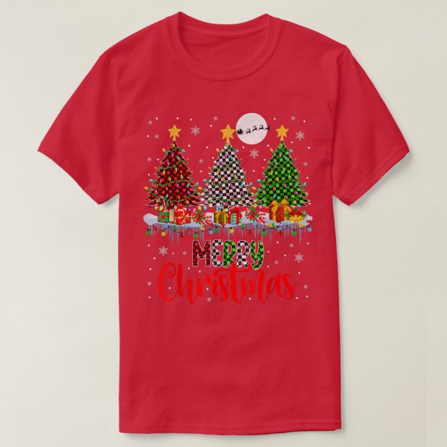 Merry Christmas Three Plaid Christmas Trees Lights T-Shirt (Design Front)