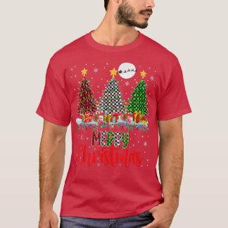 Merry Christmas Three Plaid Christmas Trees Lights T-Shirt
