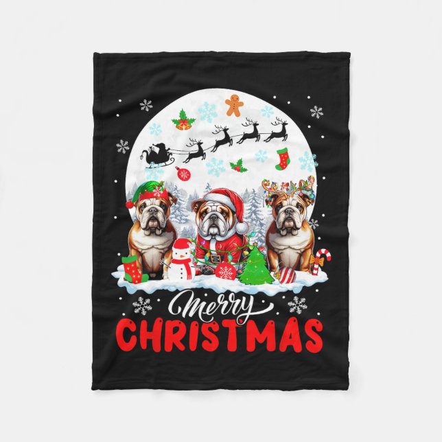 Merry Christmas Three Santa Elf Reindeer Bulldogs  Fleece Blanket (Front)