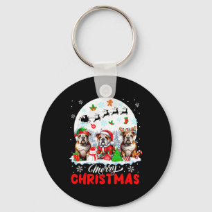 Merry Christmas Three Santa Elf Reindeer Bulldogs Key Ring