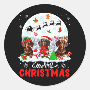 Merry Christmas Three Santa Elf Reindeer Dachshund Classic Round Sticker