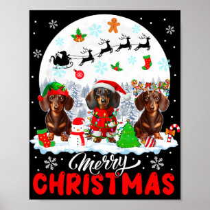 Merry Christmas Three Santa Elf Reindeer Dachshund Poster