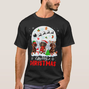 Merry Christmas Three Santa Elf Reindeer Dachshund T-Shirt