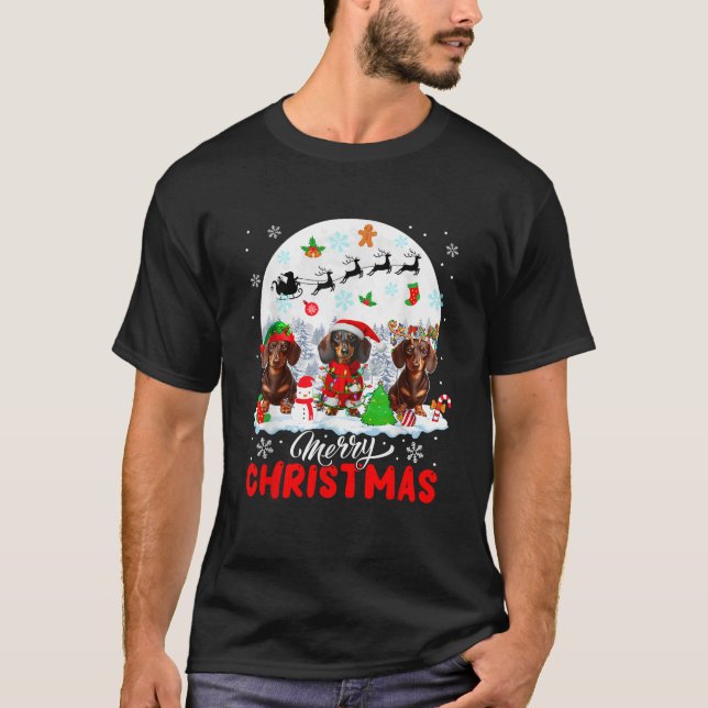 Merry Christmas Three Santa Elf Reindeer Dachshund T-Shirt (Front)
