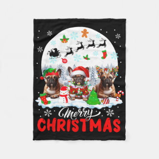 Merry Christmas Three Santa Elf Reindeer French Bu Fleece Blanket