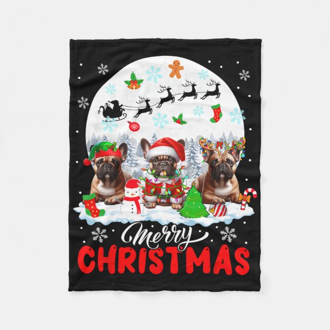 Merry Christmas Three Santa Elf Reindeer French Bu Fleece Blanket (Front)