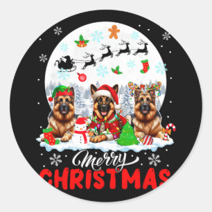 Merry Christmas Three Santa Elf Reindeer German Sh Classic Round Sticker