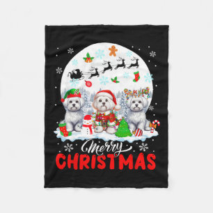 Merry Christmas Three Santa Elf Reindeer Malteses Fleece Blanket