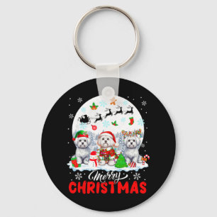 Merry Christmas Three Santa Elf Reindeer Malteses  Key Ring