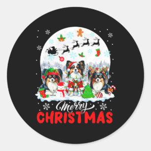 Merry Christmas Three Santa Elf Reindeer Papillons Classic Round Sticker