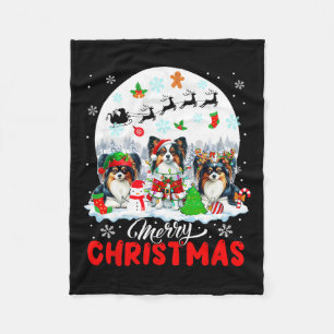 Merry Christmas Three Santa Elf Reindeer Papillons Fleece Blanket