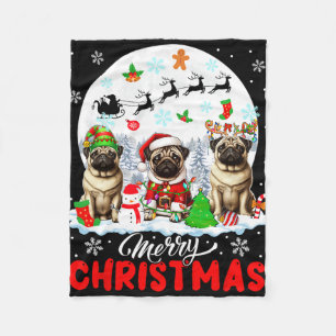 Merry Christmas Three Santa Elf Reindeer Pugs Owne Fleece Blanket