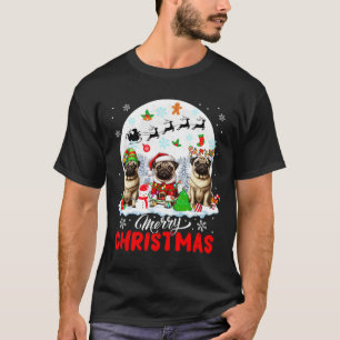 Merry Christmas Three Santa Elf Reindeer Pugs Owne T-Shirt