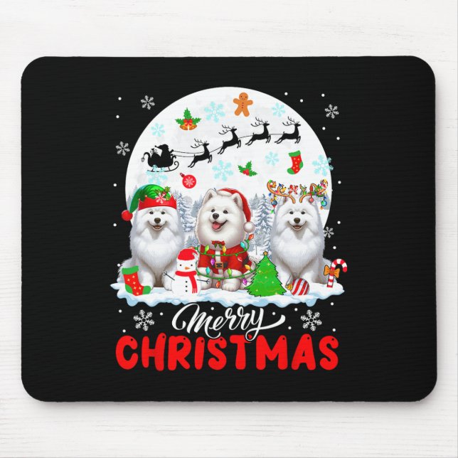 Merry Christmas Three Santa Elf Reindeer Samoyeds  Mouse Mat (Front)